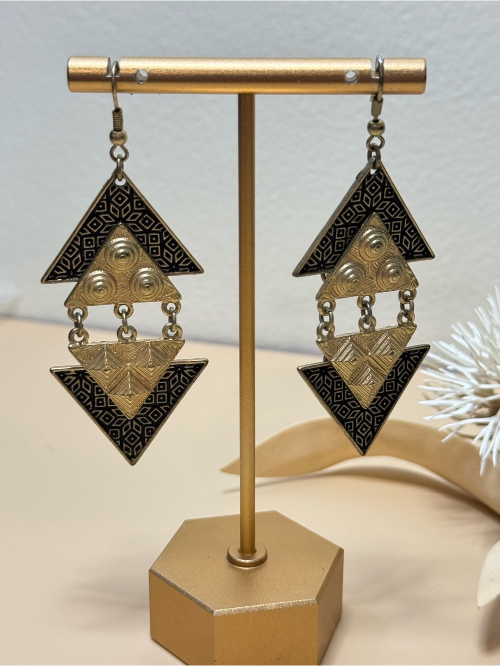 Vintage Black Gold Tone Geometric Triangle Dangle Earrings Tribal Boho